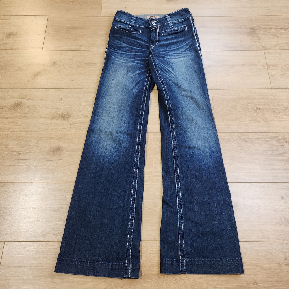 Ariat REAL Denim Jeans Womens 27L Trouser Wide Leg Medium Blue Mid Rise Denim